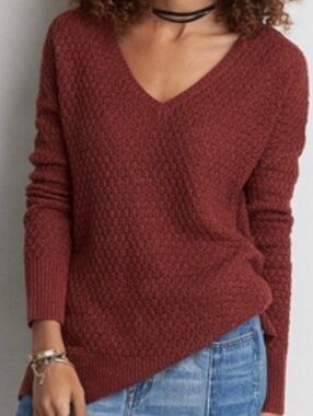 American Eagle Terracotta Rust Open Knit V-Neck Sweater - S